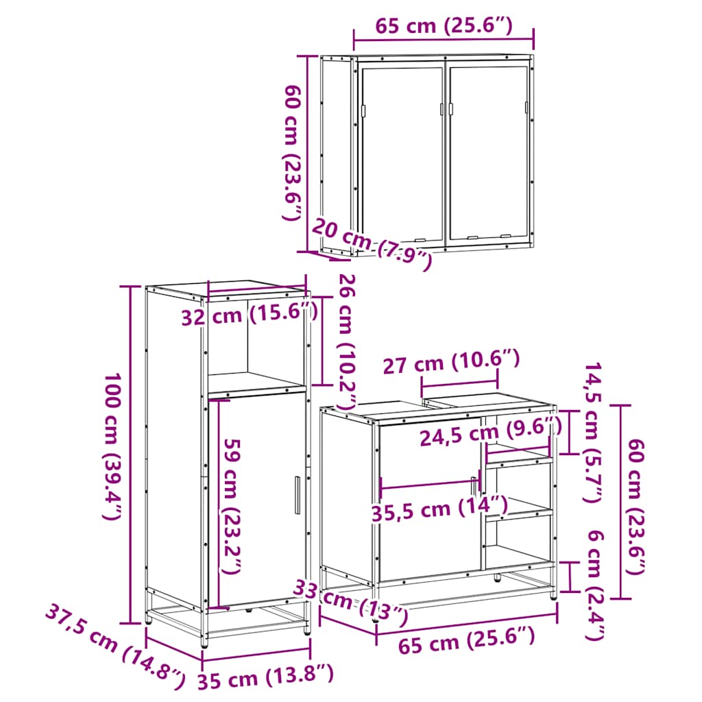 Set Mobili da Bagno 3 pz Rovere Sonoma in Legno Multistrato | homemem39