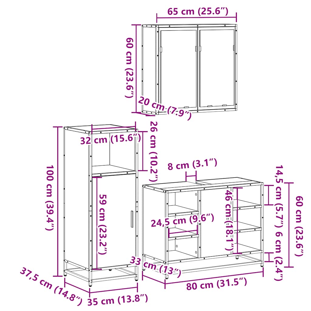 Set Mobili da Bagno 3 pz Rovere Fumo in Legno Multistrato | homemem39
