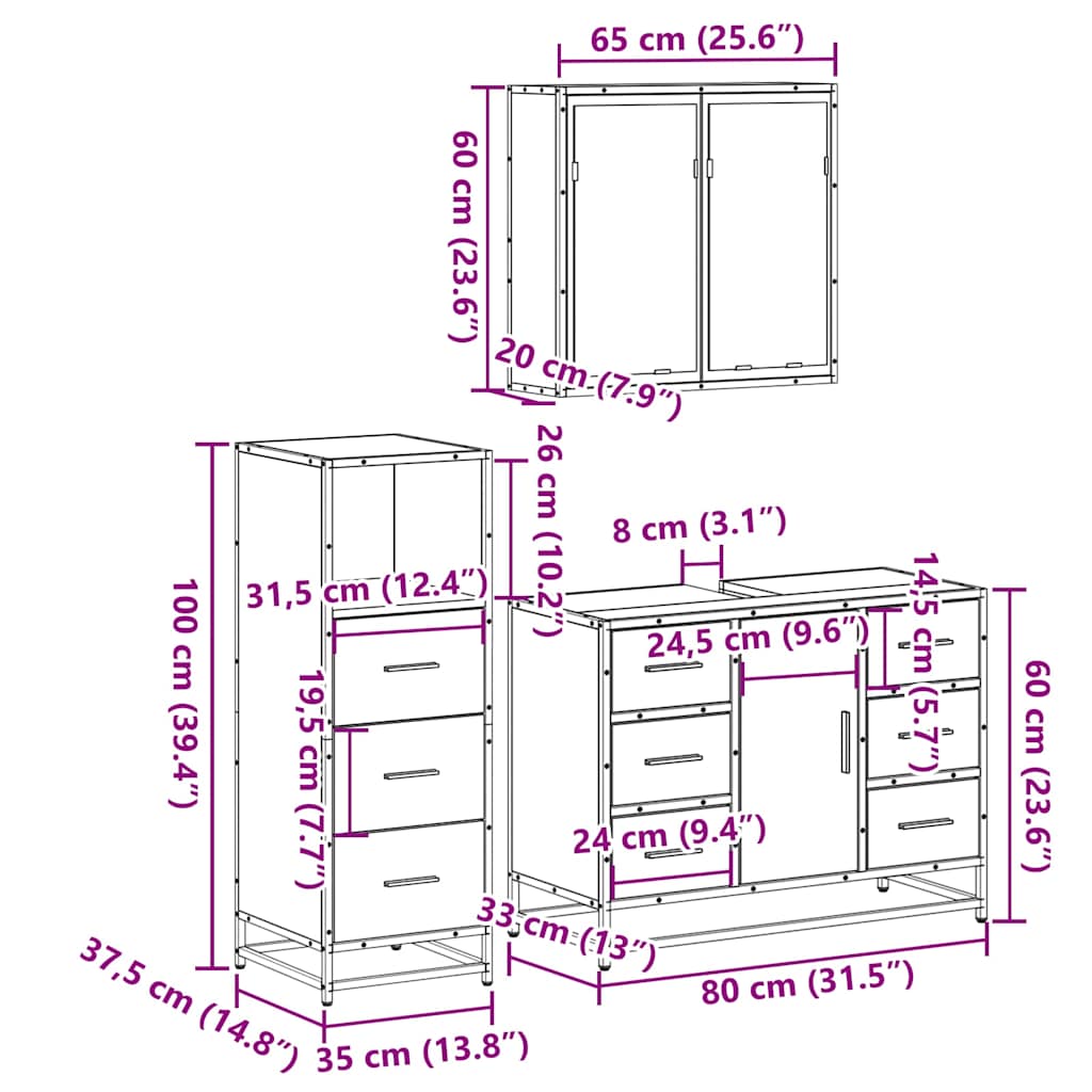 Set Mobili da Bagno 3 pz Rovere Sonoma in Legno Multistrato | homemem39