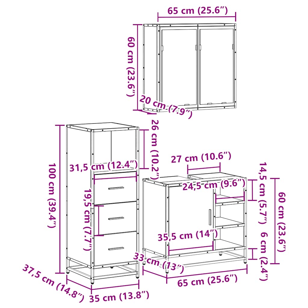 Set Mobili da Bagno 3 pz Grigio Sonoma in Legno Multistrato | homemem39