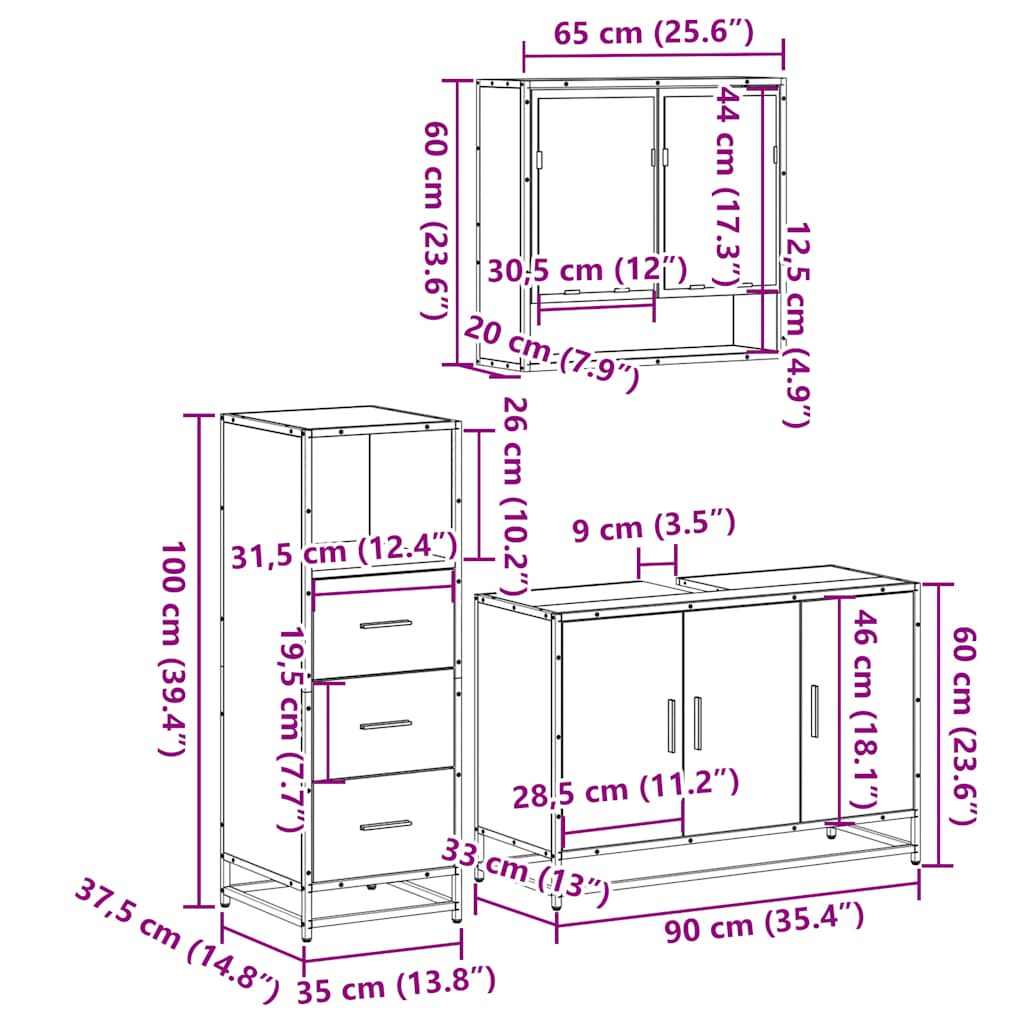 Set Mobili da Bagno 3 pz Rovere Marrone in Legno Multistrato | homemem39