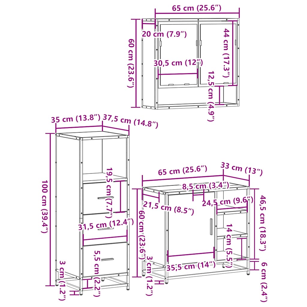 Set Mobili da Bagno 3 pz Grigio Sonoma in Legno Multistrato | homemem39