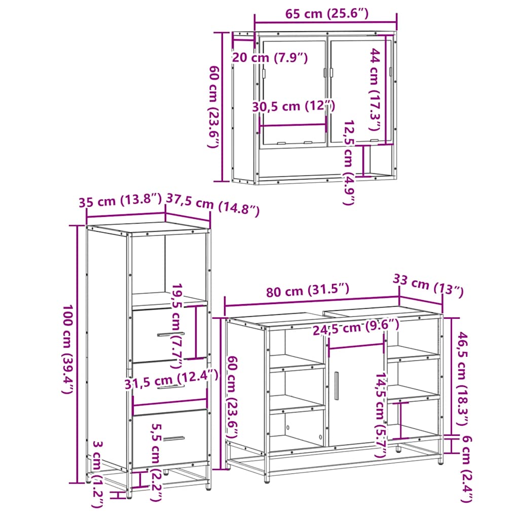 Set Mobili da Bagno 3 pz Rovere Fumo in Legno Multistrato | homemem39