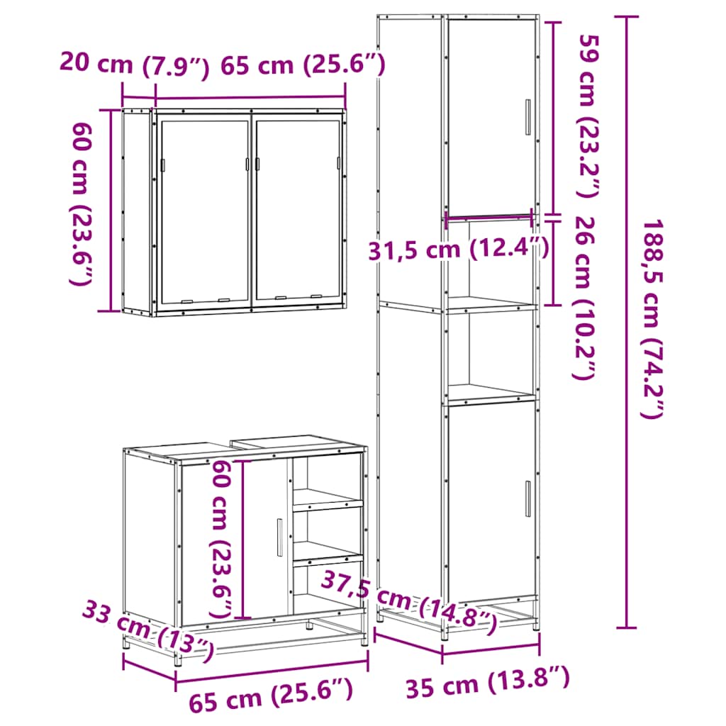 Set Mobili da Bagno 3 pz Rovere Fumo in Legno Multistrato | homemem39