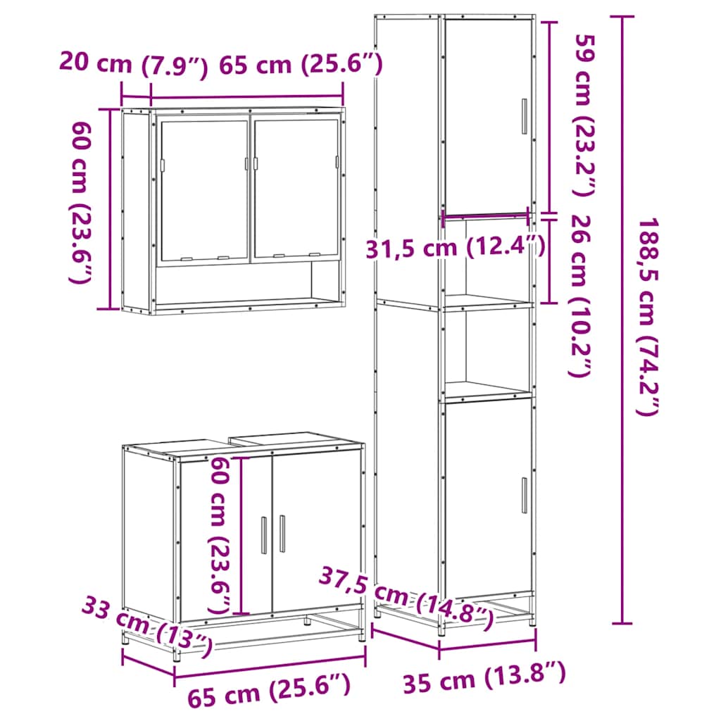 Set Mobili da Bagno 3 pz Rovere Fumo in Legno Multistrato | homemem39