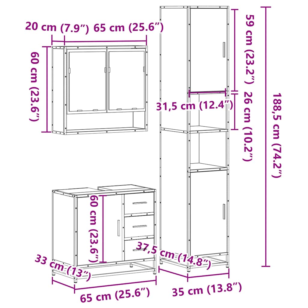 Set Mobili da Bagno 3 pz Rovere Fumo in Legno Multistrato | homemem39