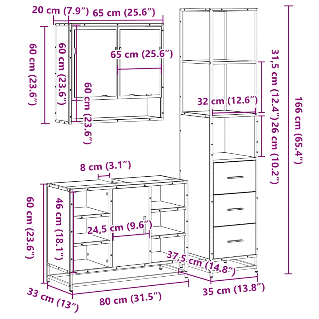 Set Mobili da Bagno 3 pz Rovere Sonoma in Legno Multistrato | homemem39