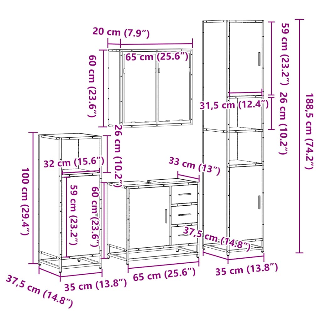 Set Mobili da Bagno 4 pz Rovere Sonoma in Legno Multistrato | homemem39