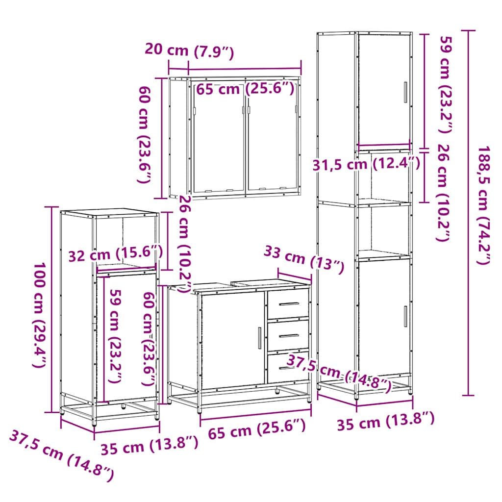 Set Mobili da Bagno 4 pz Rovere Fumo in Legno Multistrato | homemem39
