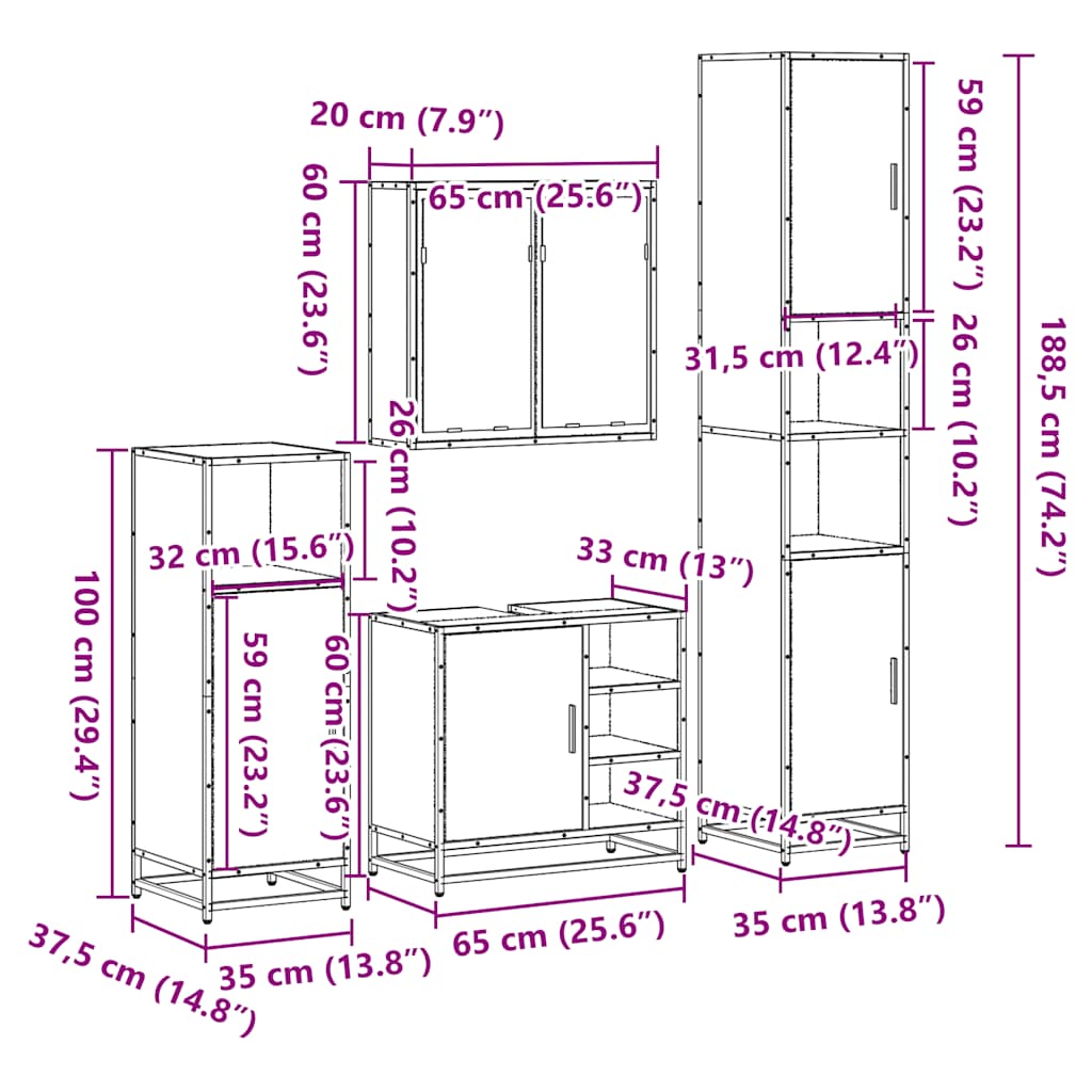 Set Mobili da Bagno 4 pz Rovere Fumo in Legno Multistrato | homemem39