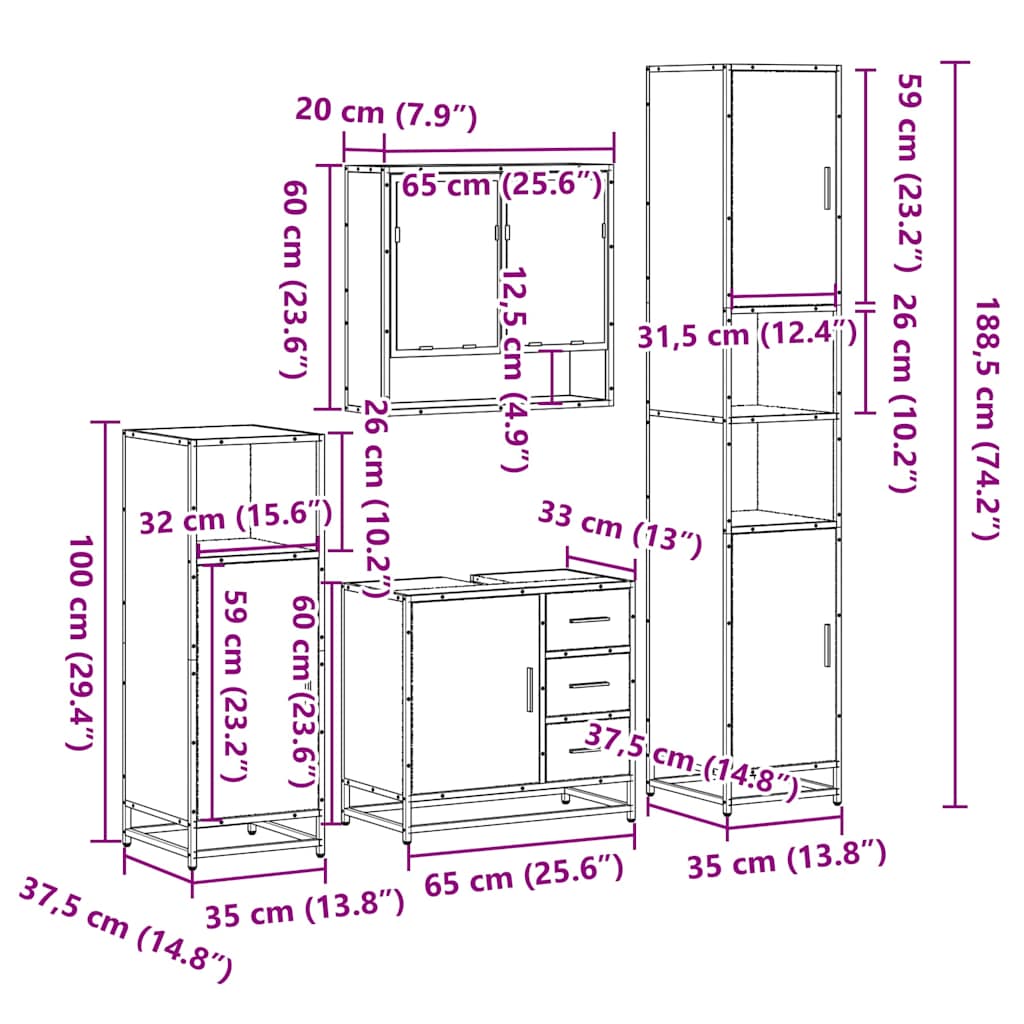 Set Mobili da Bagno 4 pz Rovere Fumo in Legno Multistrato | homemem39