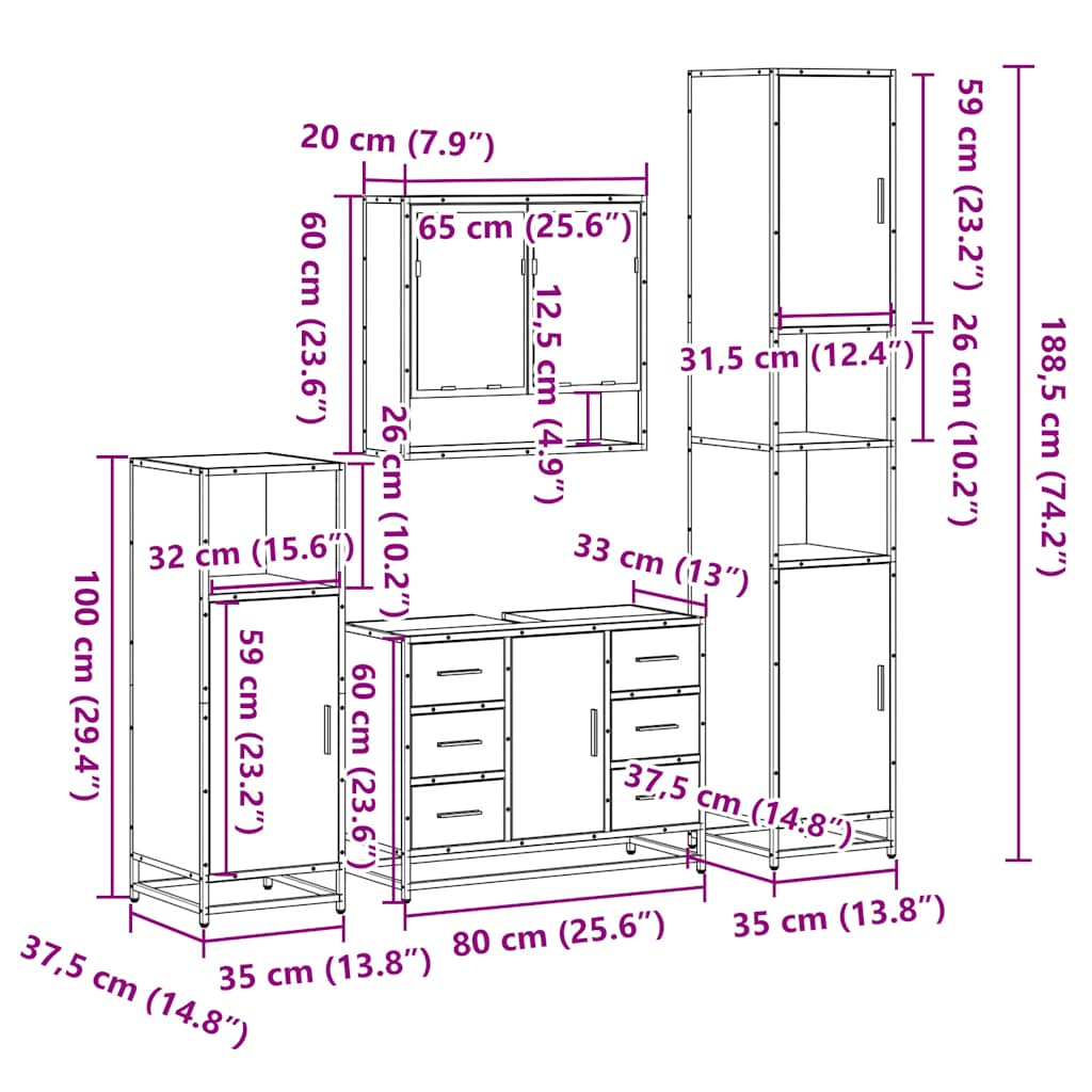 Set Mobili da Bagno 4 pz Rovere Sonoma in Legno Multistrato | homemem39