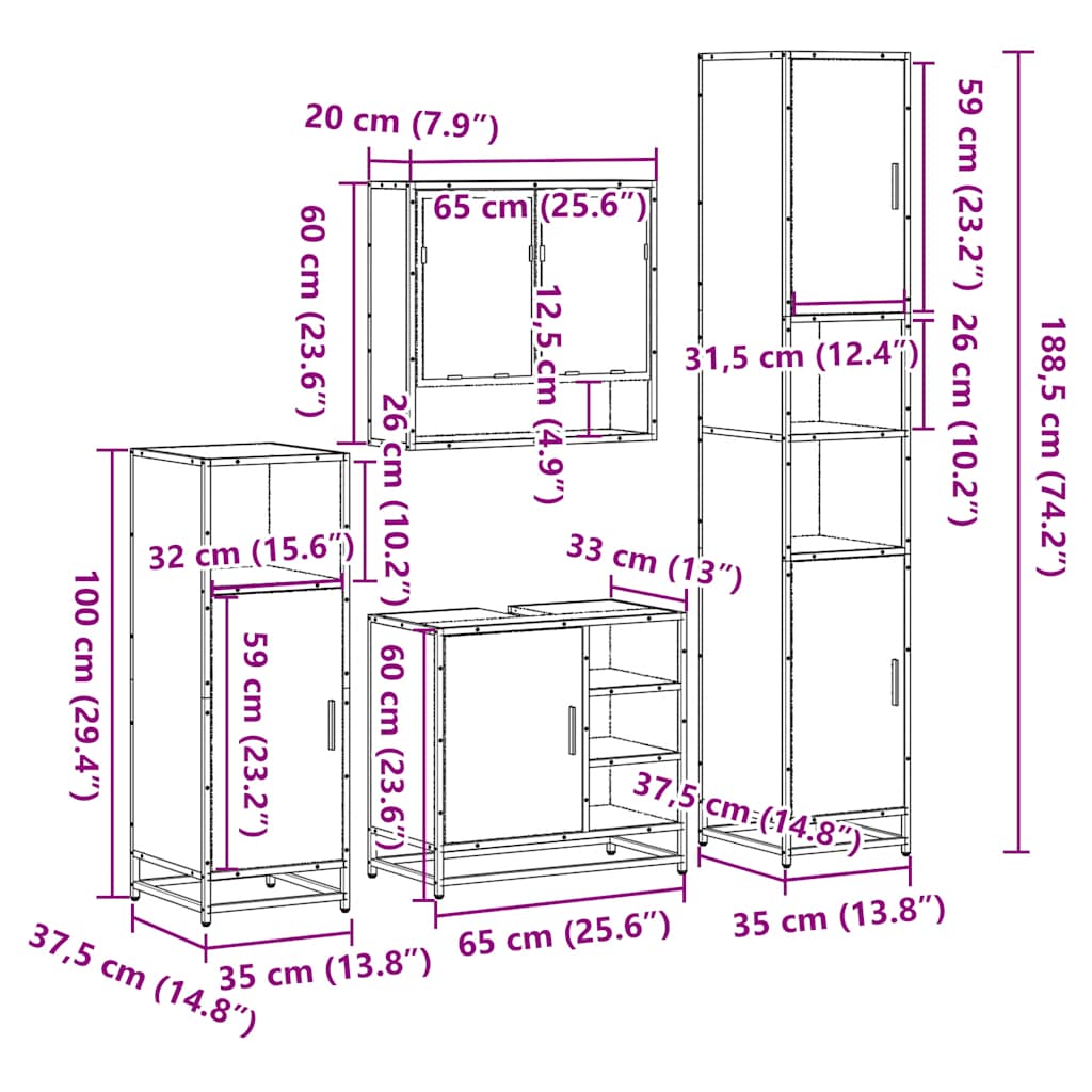 Set Mobili da Bagno 4 pz Rovere Fumo in Legno Multistrato | homemem39