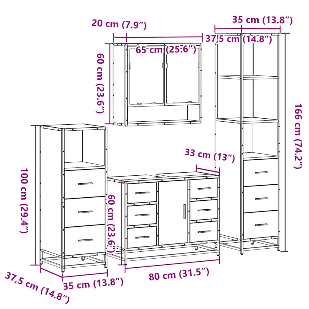 Set Mobili da Bagno 4 pz Rovere Sonoma in Legno Multistrato | homemem39