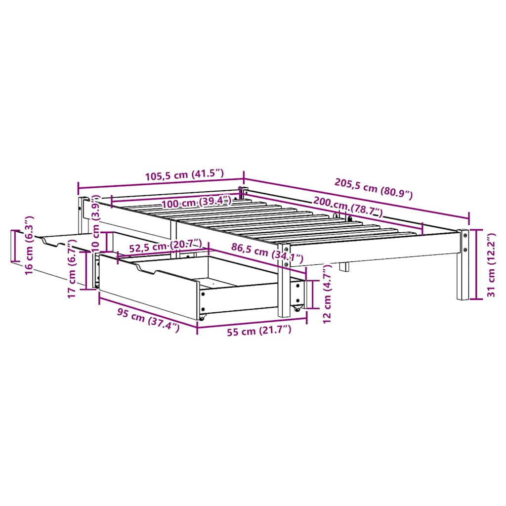 Letto senza Materasso Marrone Cera 100x200 cm in Legno di Pino | homemem39