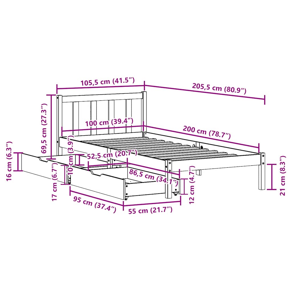 Letto senza Materasso Marrone Cera 100x200 cm in Legno di Pino | homemem39