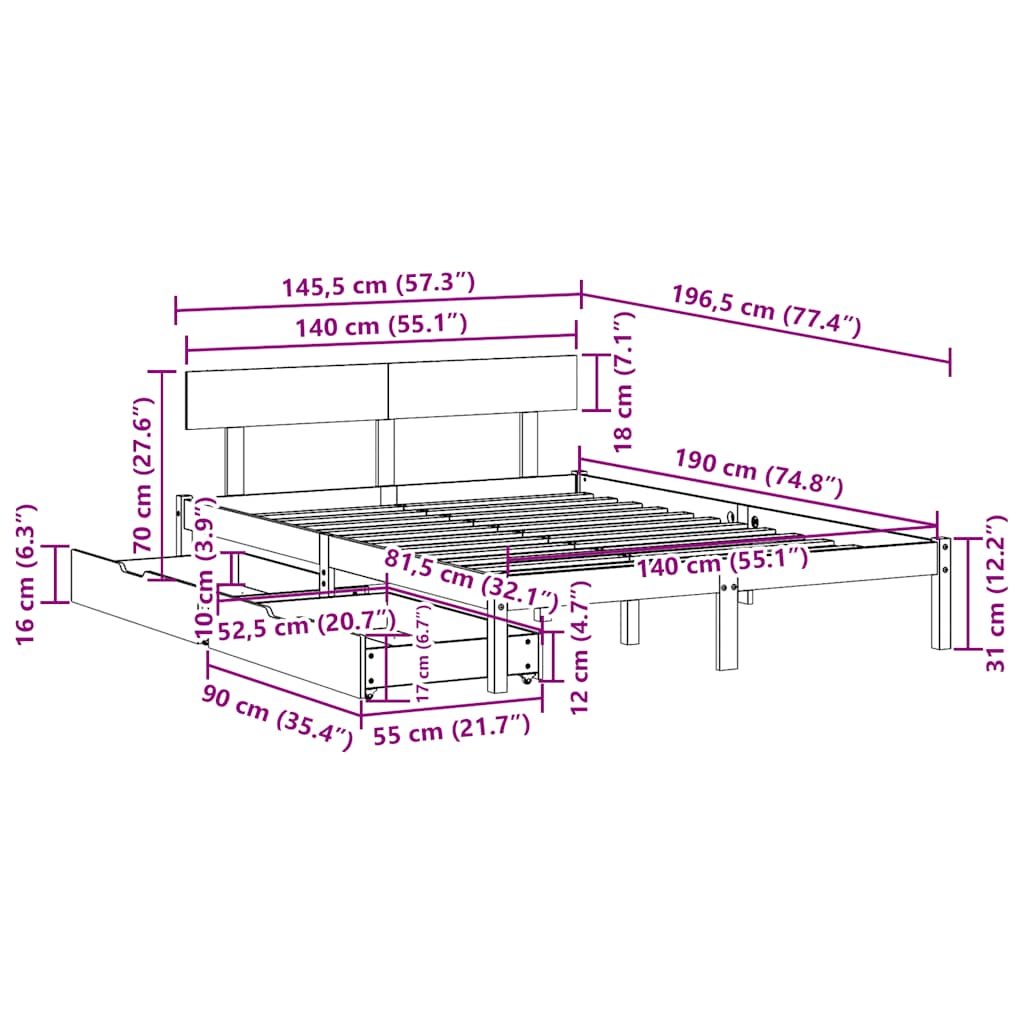 Letto senza Materasso 140x190 cm in Legno Massello di Pino | homemem39