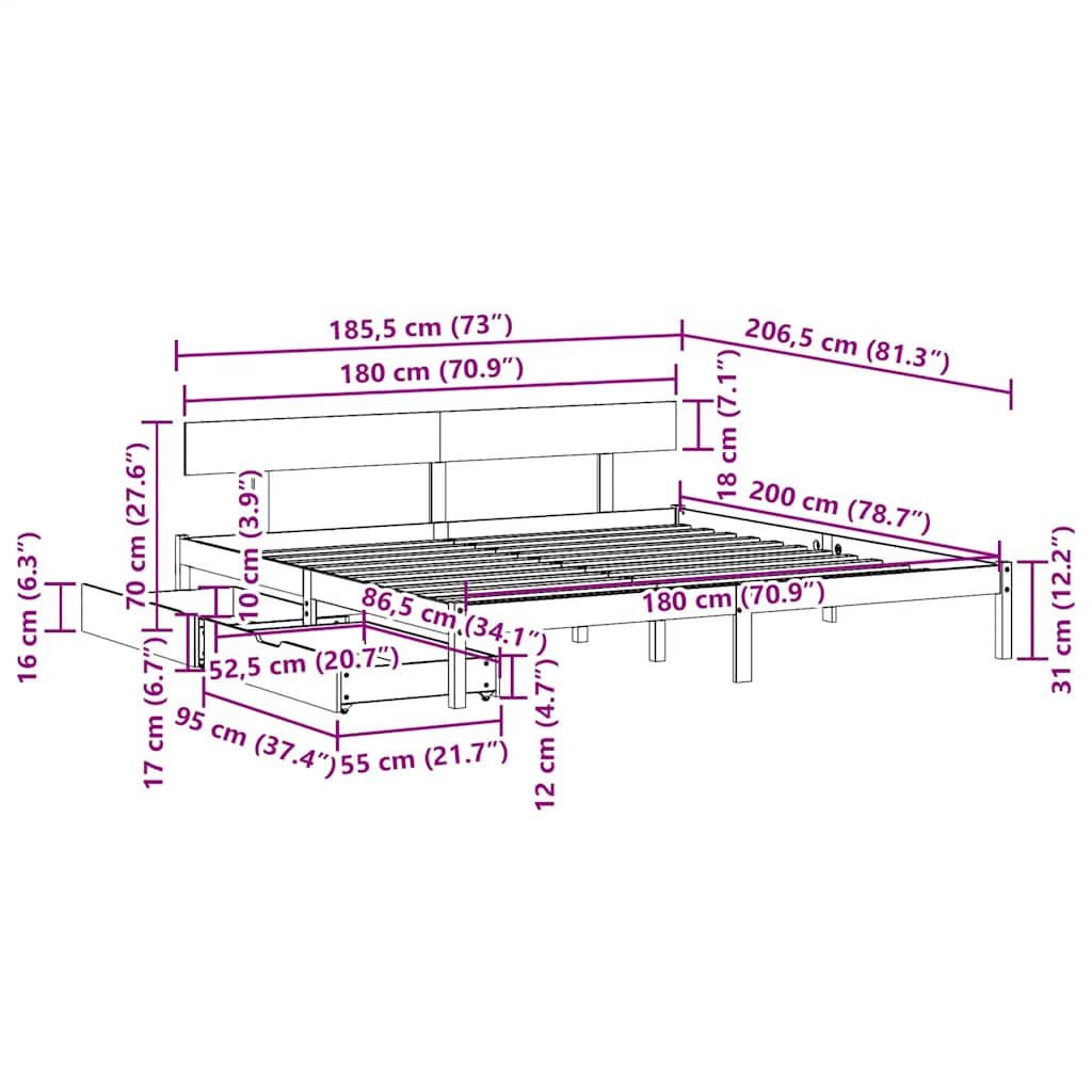 Letto senza Materasso Bianco 180x200 cm Legno Massello di Pino | homemem39
