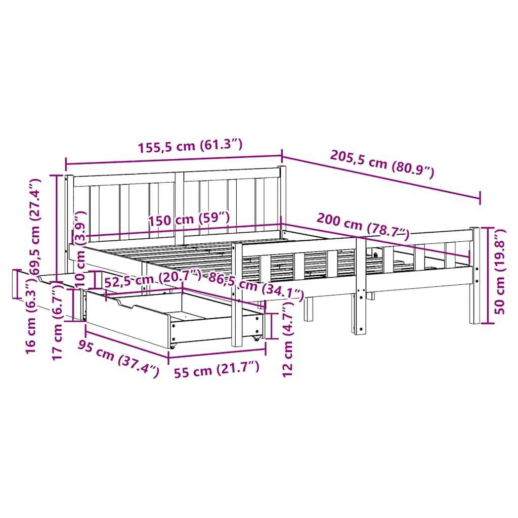Letto senza Materasso Marrone Cera 150x200 cm in Legno di Pino | homemem39