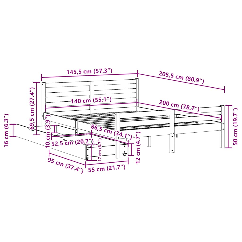 Letto senza Materasso Bianco 140x200 cm Legno Massello di Pino | homemem39