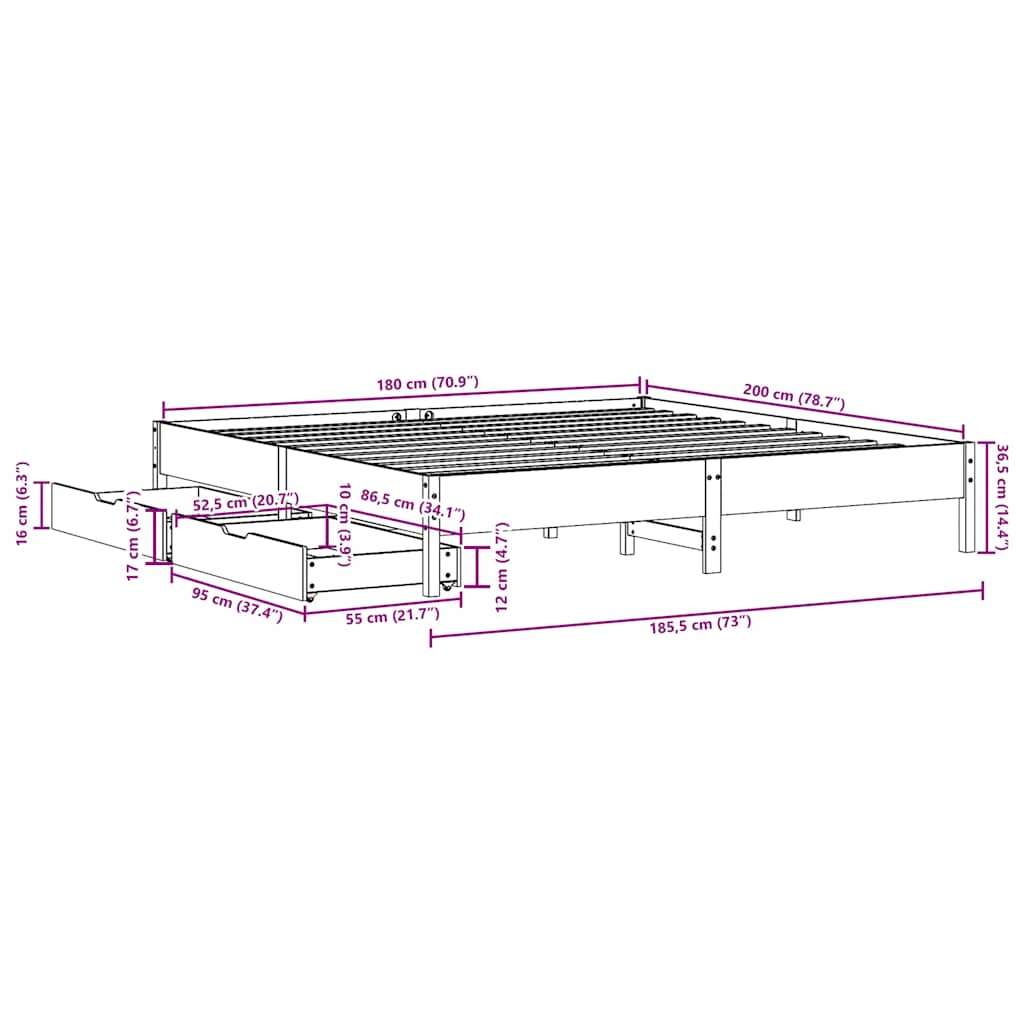 Letto senza Materasso Marrone Cera 180x200 cm in Legno di Pino | homemem39