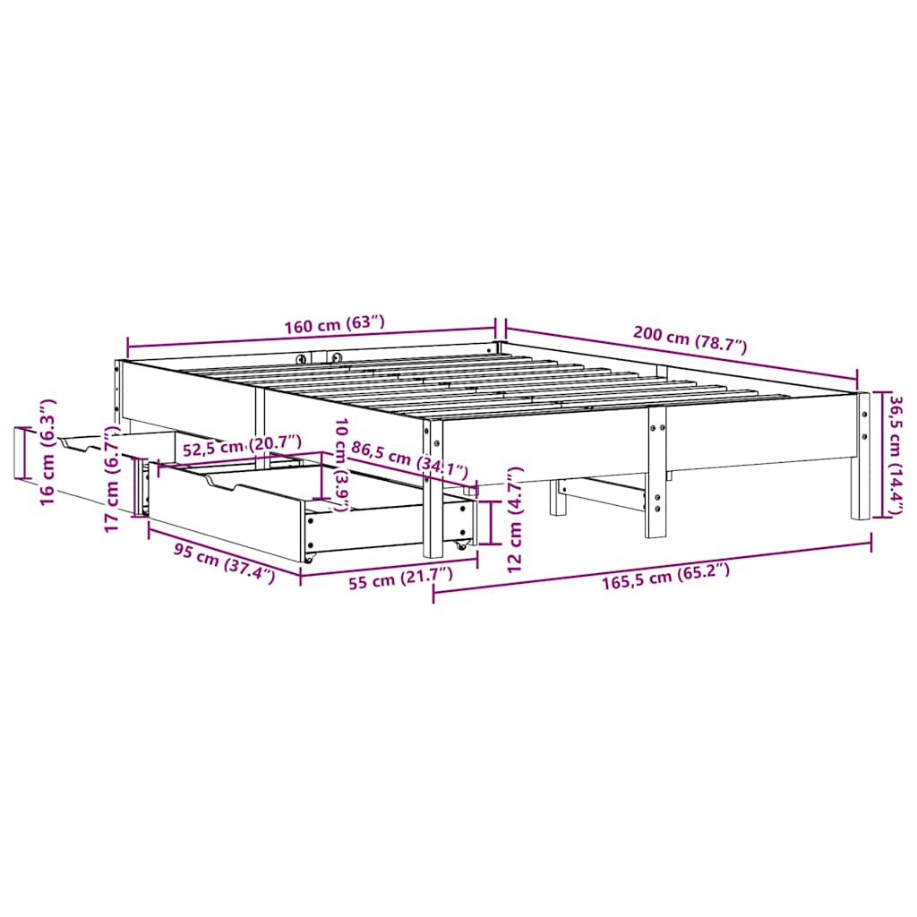 Letto senza Materasso Marrone Cera 160x200 cm in Legno di Pino | homemem39