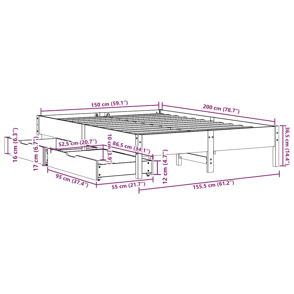 Letto senza Materasso Bianco 150x200 cm Legno Massello di Pino | homemem39