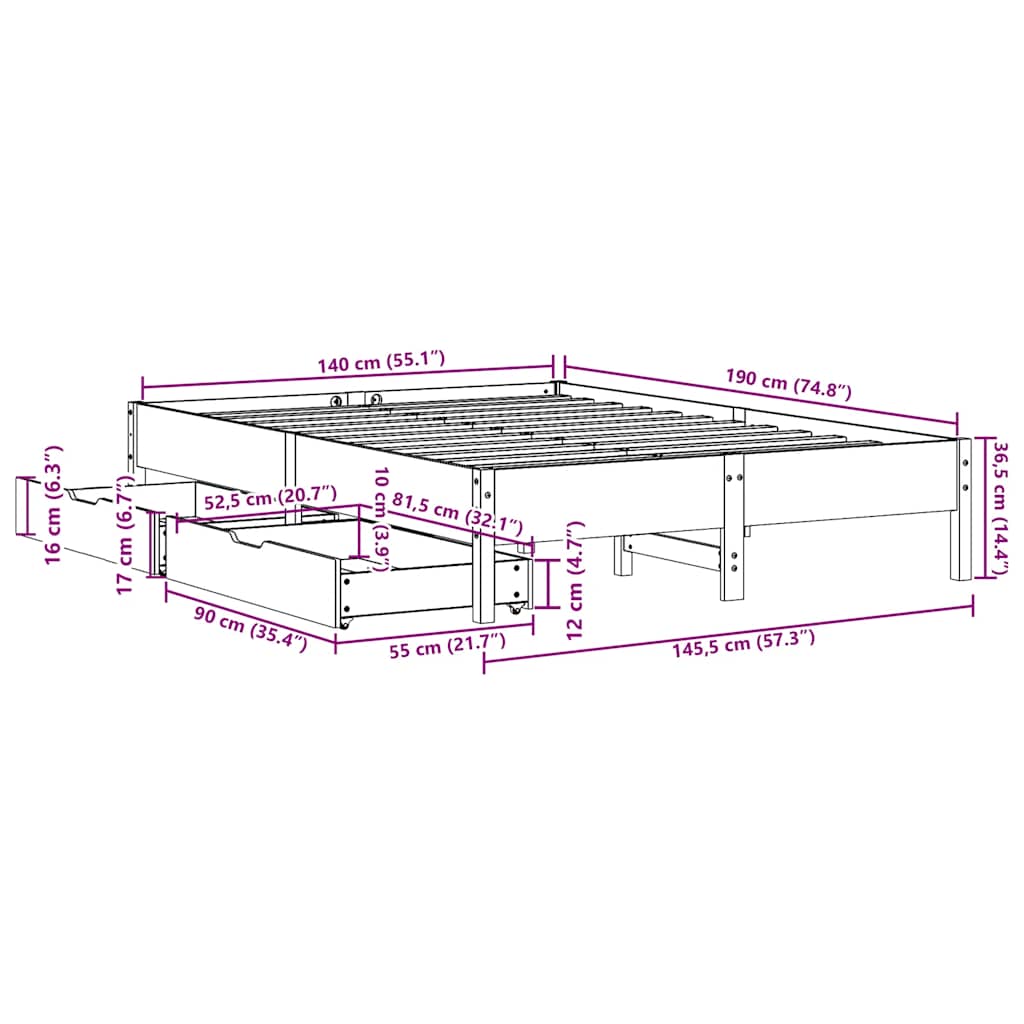 Letto senza Materasso Marrone Cera 140x190 cm in Legno di Pino | homemem39