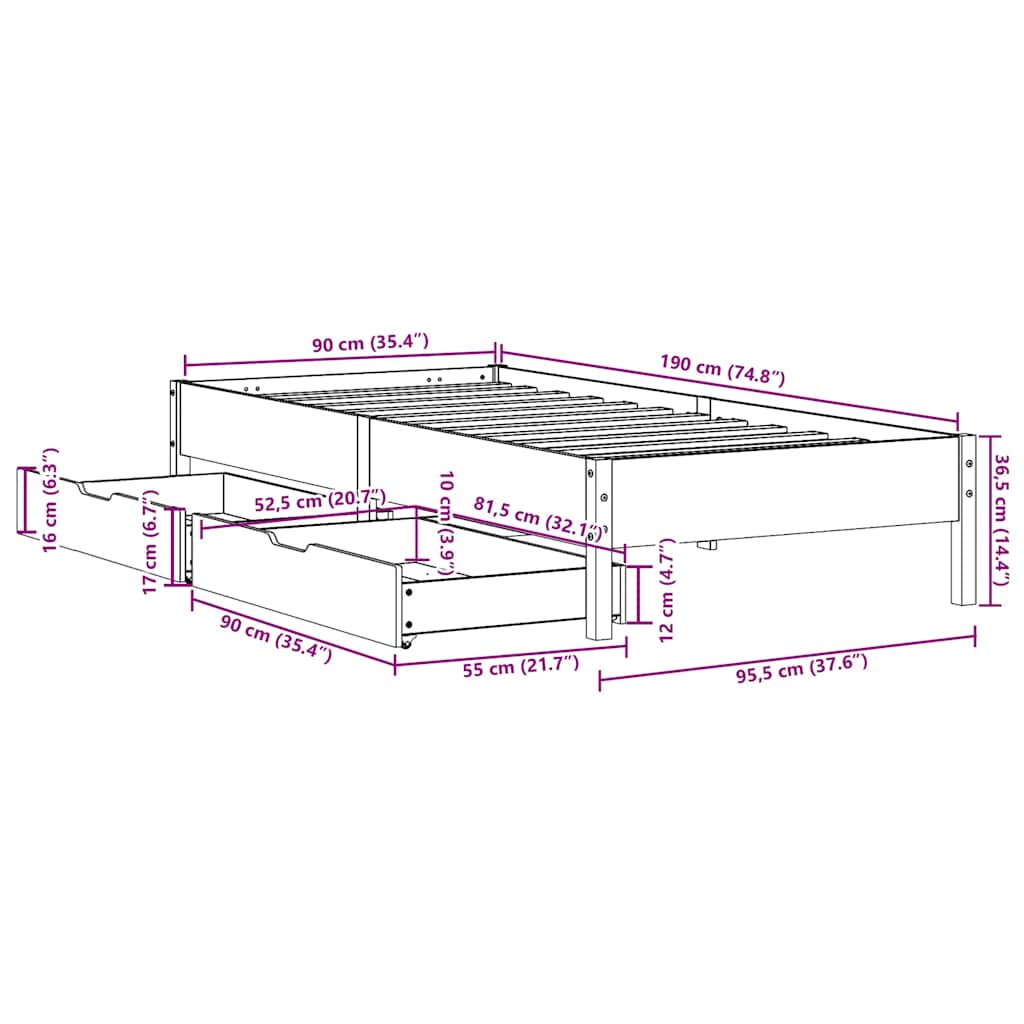 Letto senza Materasso Marrone Cera 90x190 cm in Legno di Pino | homemem39