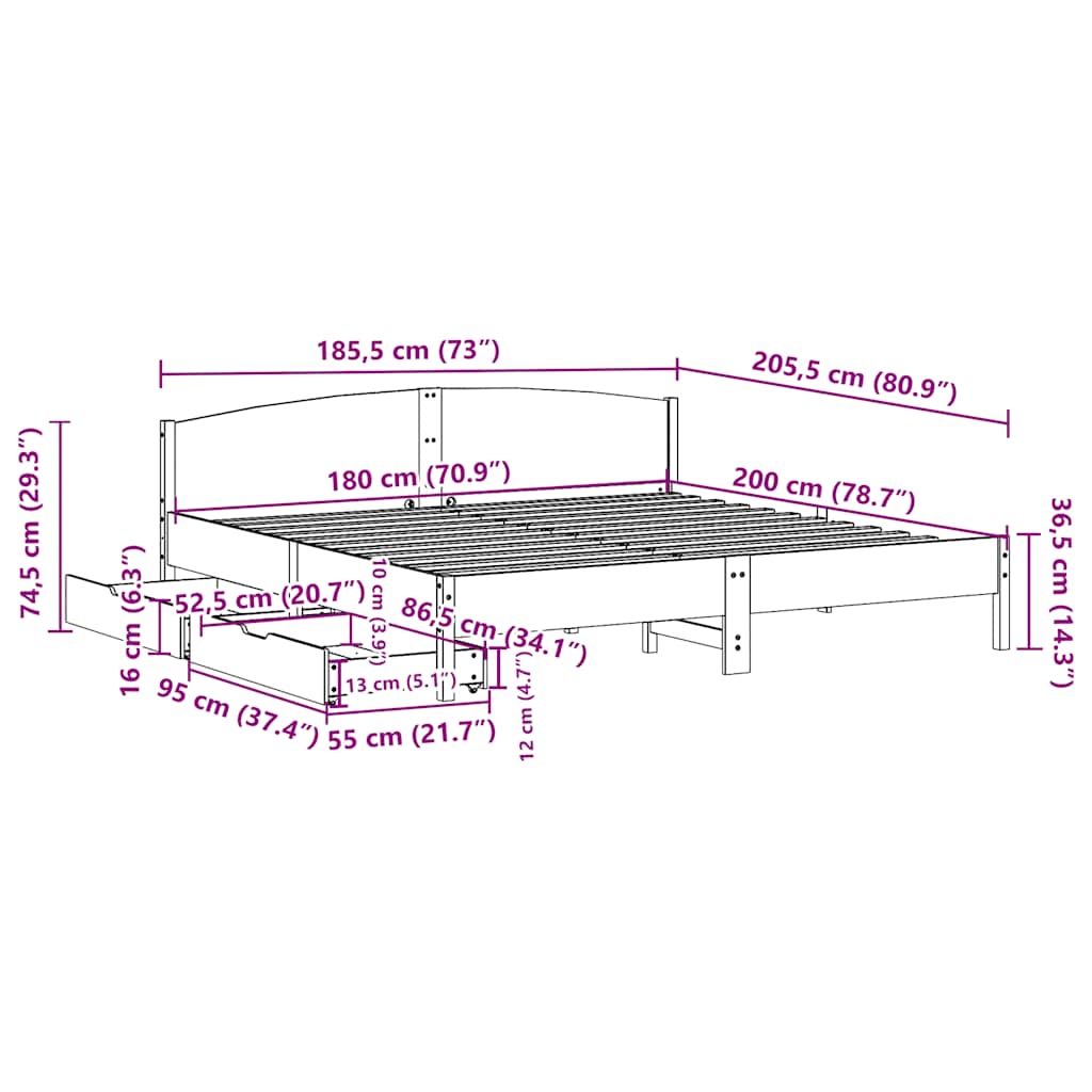 Letto senza Materasso Marrone Cera 180x200 cm in Legno di Pino | homemem39
