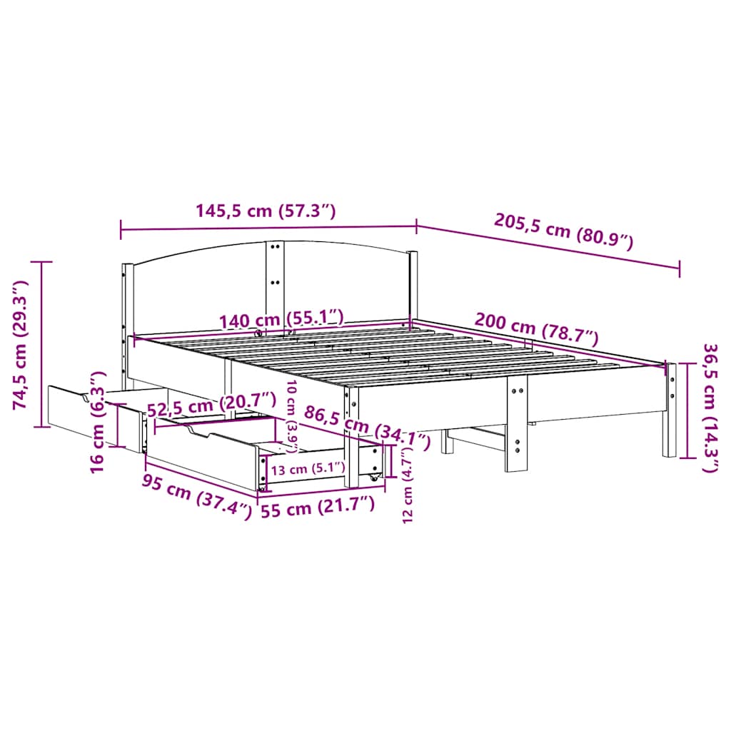 Letto senza Materasso Bianco 140x200 cm Legno Massello di Pino | homemem39