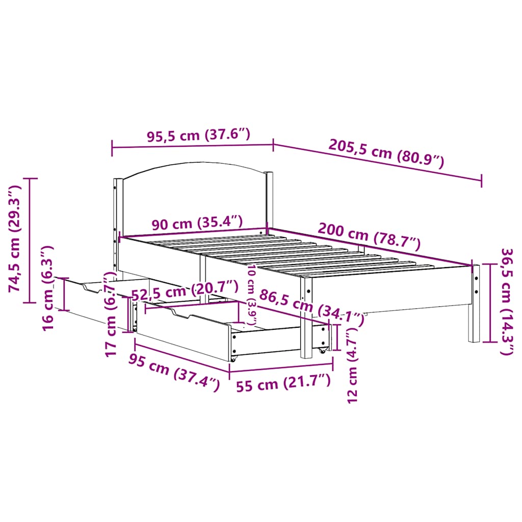 Letto senza Materasso Marrone Cera 90x200 cm Legno di Pino | homemem39