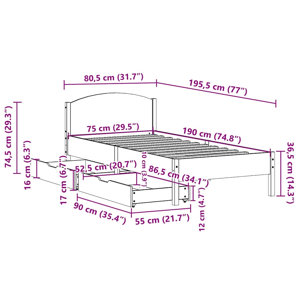 Letto senza Materasso 75x190 cm in Legno Massello Pino | homemem39