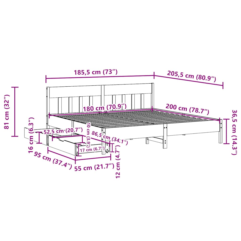 Letto senza Materasso Bianco 180x200 cm Legno Massello di Pino | homemem39