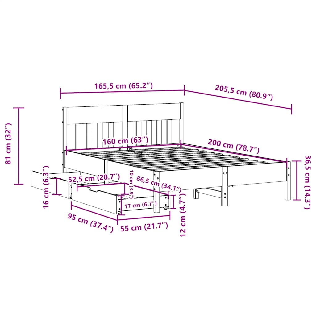 Letto senza Materasso Marrone Cera 160x200 cm in Legno di Pino | homemem39