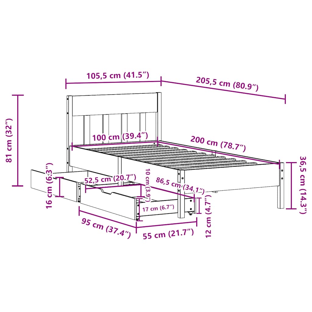 Giroletto senza Materasso Bianco 100x200 cm Legno Massello Pino