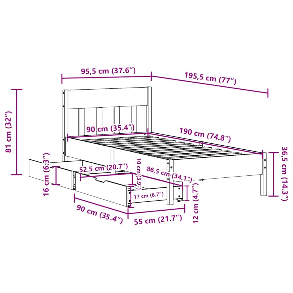 Letto senza Materasso Bianco 90x190 cm in Legno Massello Pino | homemem39