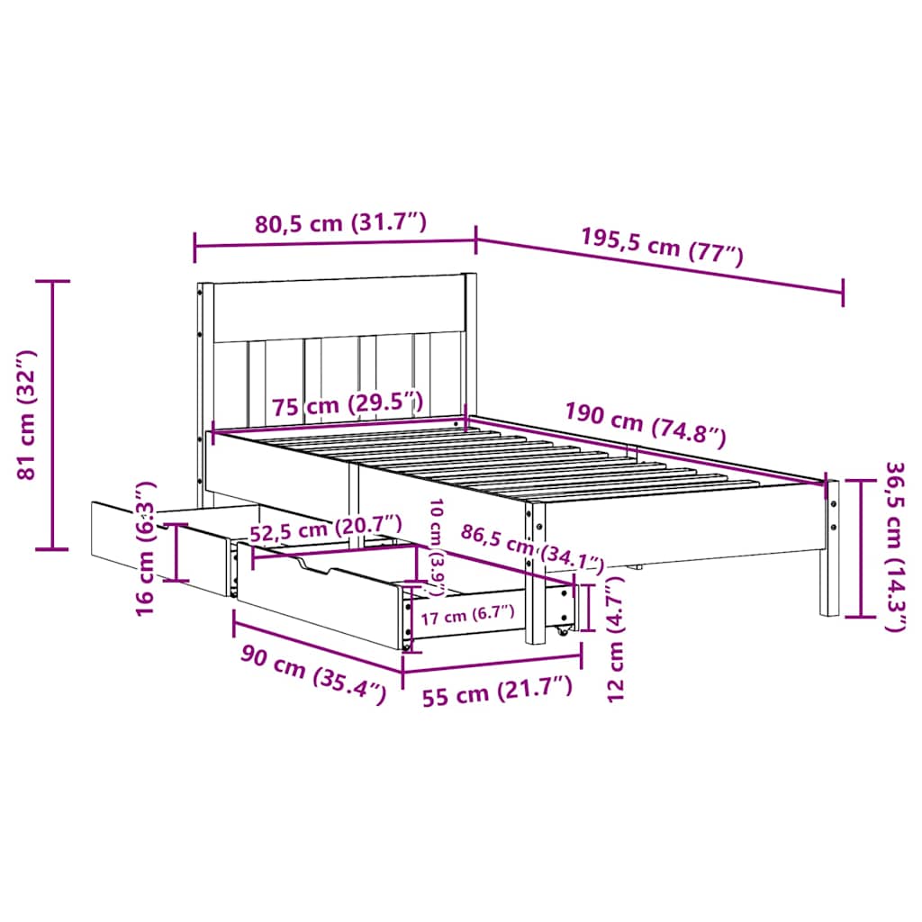 Letto senza Materasso 75x190 cm in Legno Massello Pino | homemem39