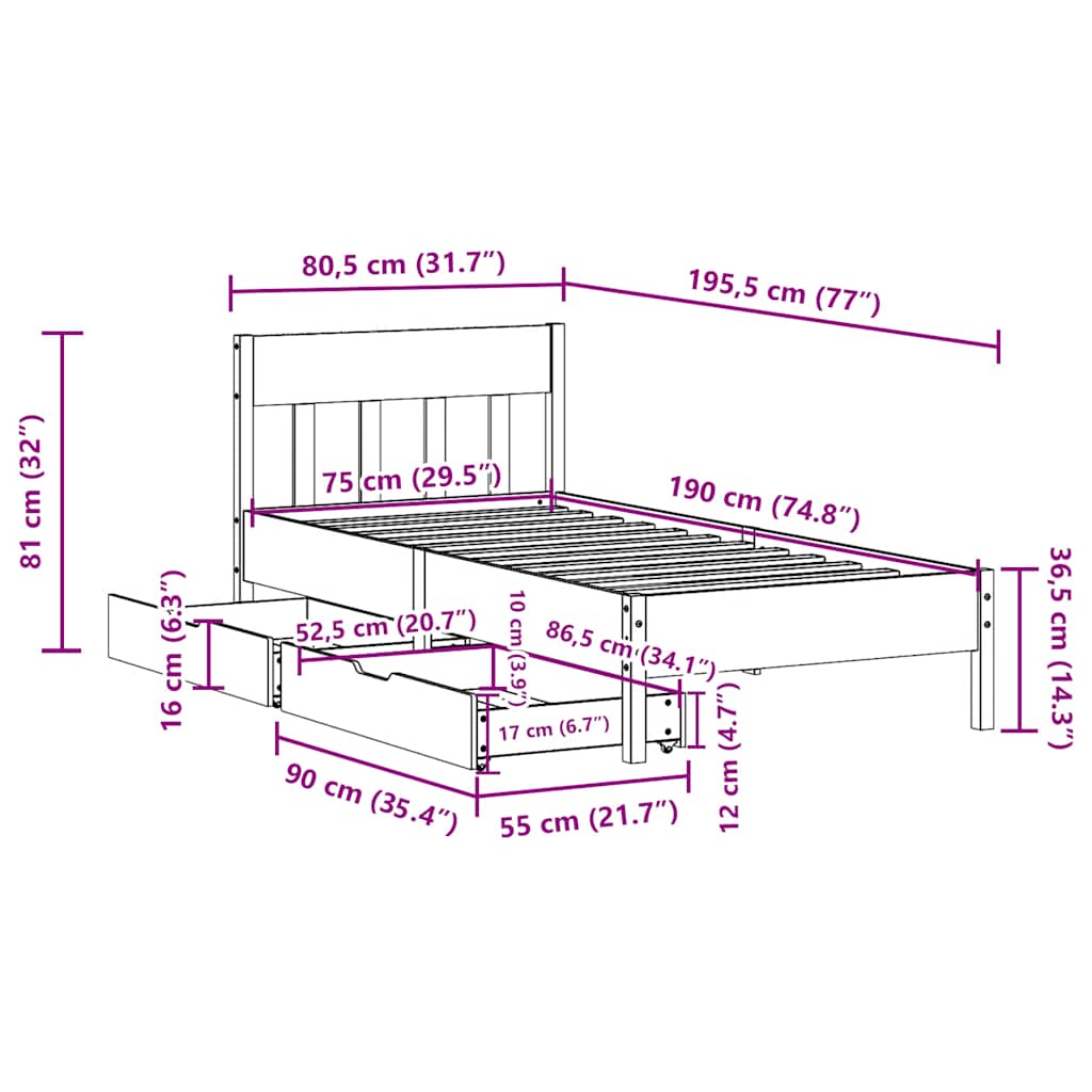 Letto senza Materasso Bianco 75x190 in Legno Massello di Pino | homemem39