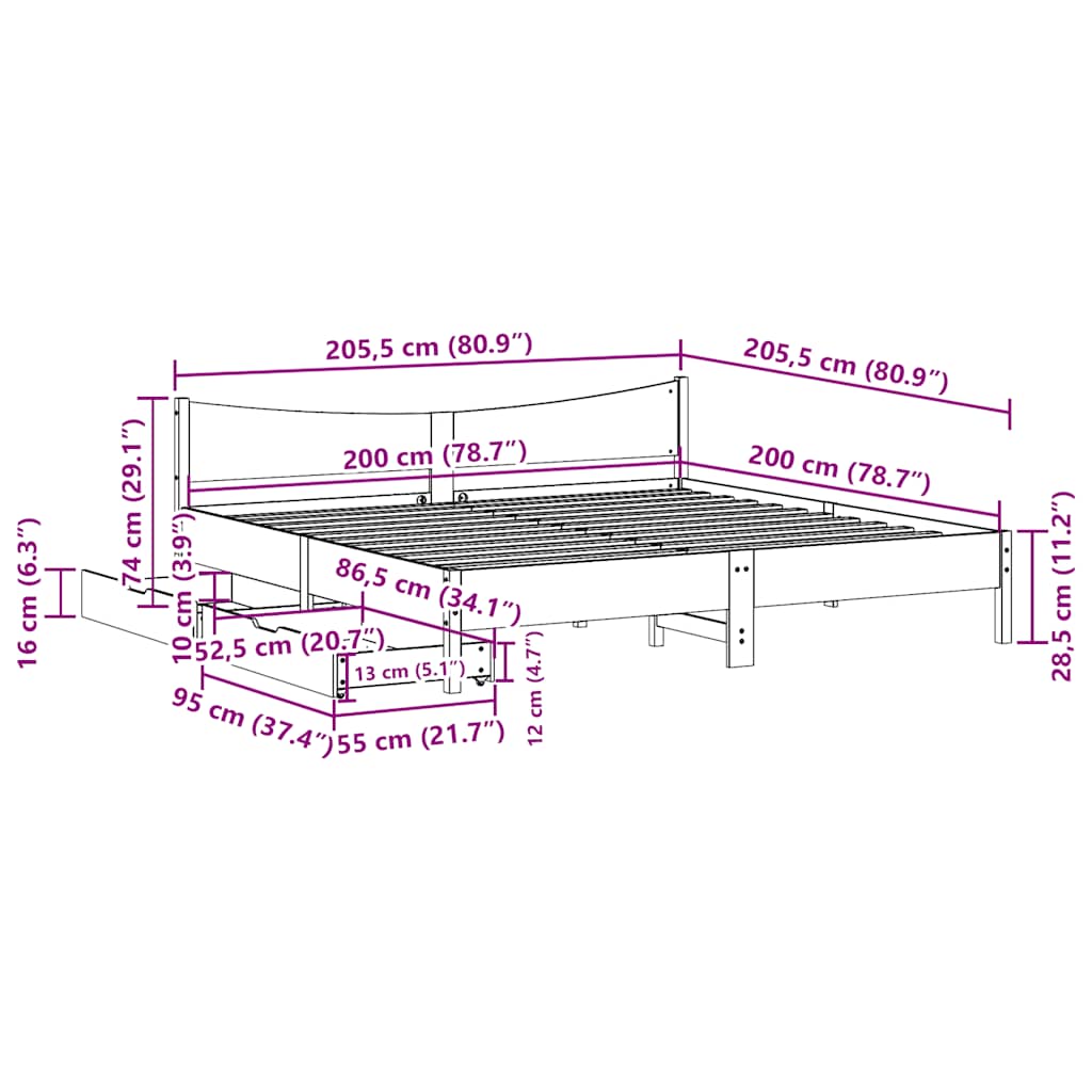 Giroletto con Cassetti Bianco 200x200 cm Legno Massello di Pino | homemem39