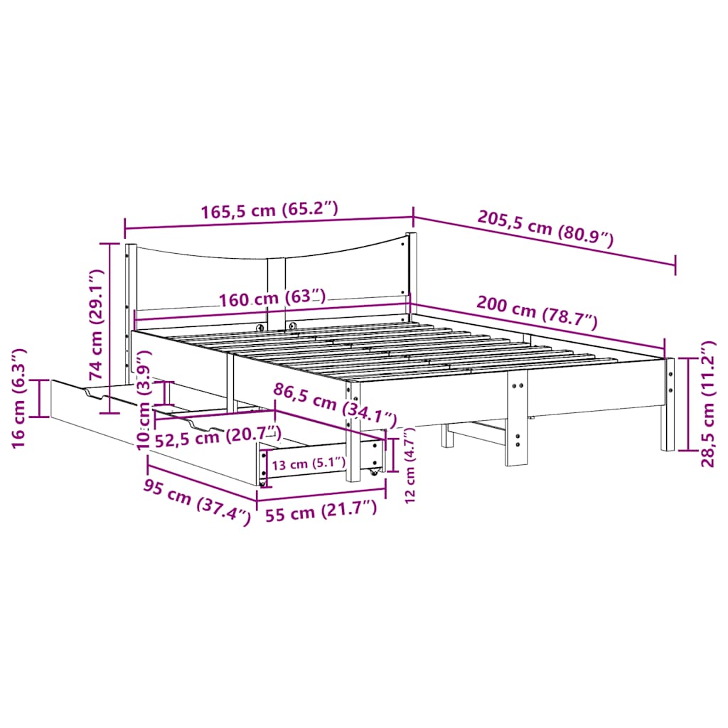 Giroletto con Cassetti Marrone Cera 160x200 cm Massello Pino | homemem39