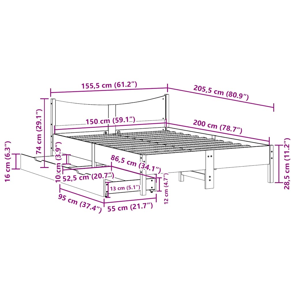 Giroletto con Cassetti Bianco 150x200 cm Legno Massello di Pino | homemem39