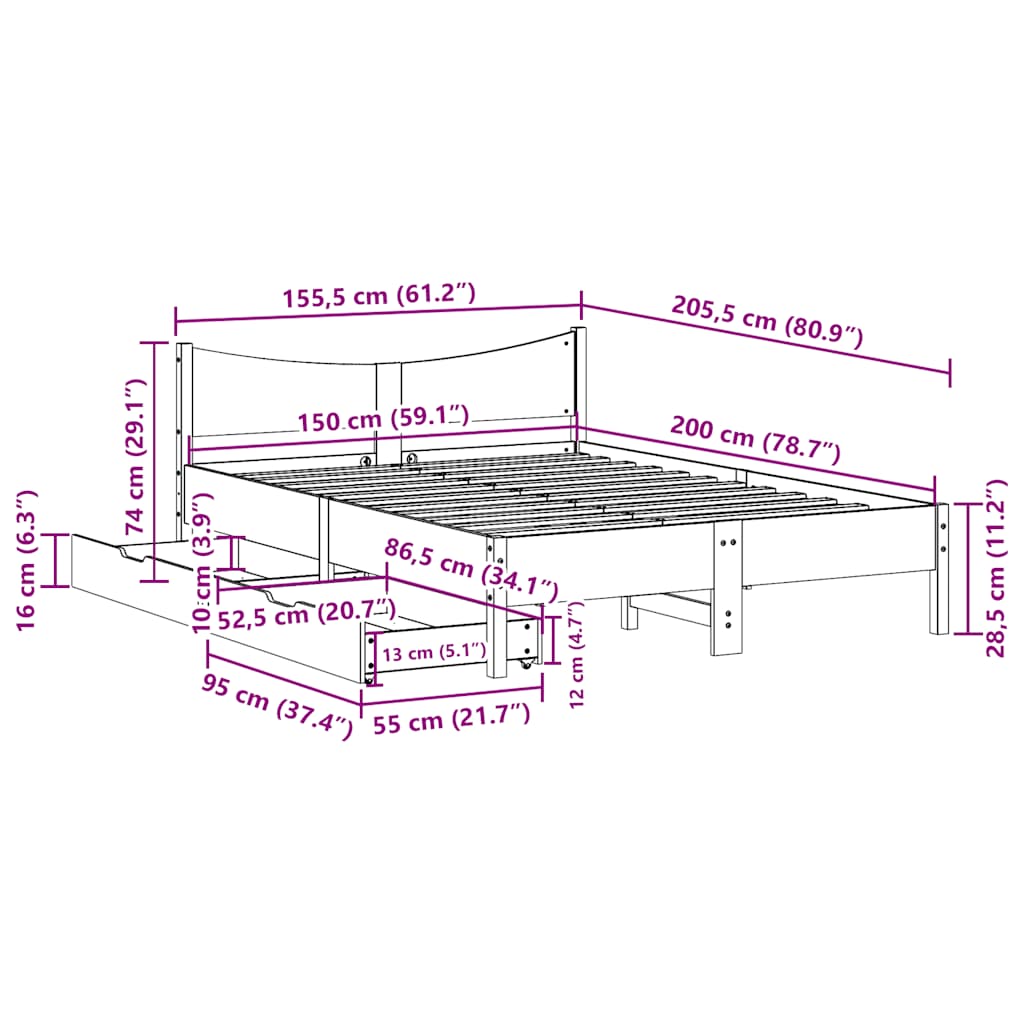 Giroletto con Cassetti Marrone Cera 150x200 cm Massello Pino | homemem39