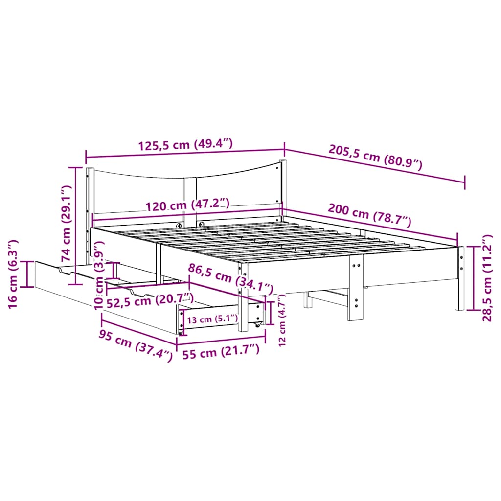 Giroletto Cassetti Marrone Cera 120x200 cm Legno Massello Pino | homemem39