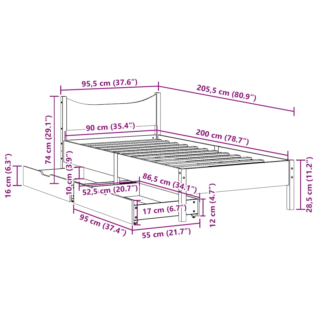 Giroletto Cassetti Marrone Cera 90x200 cm Legno Massello Pino | homemem39