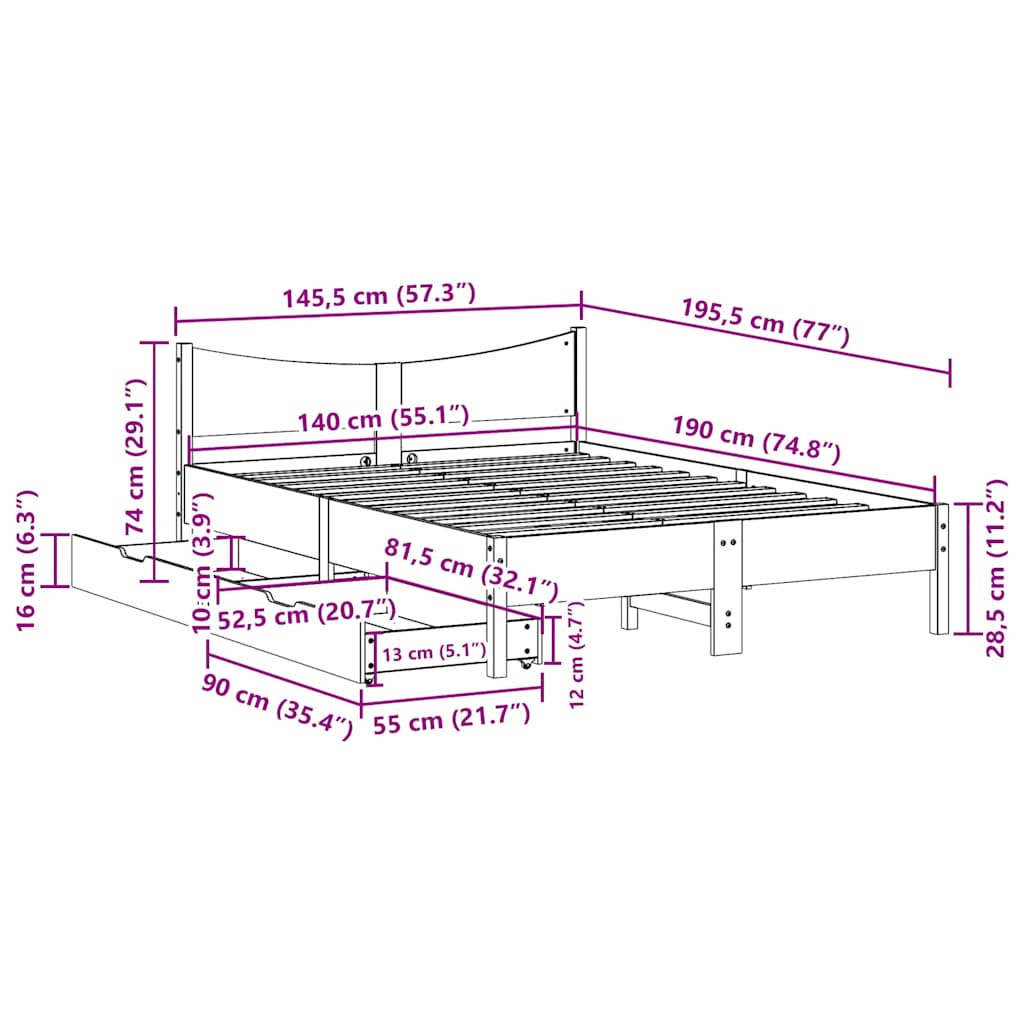 Giroletto con Cassetti 140x190 cm in Legno Massello di Pino | homemem39