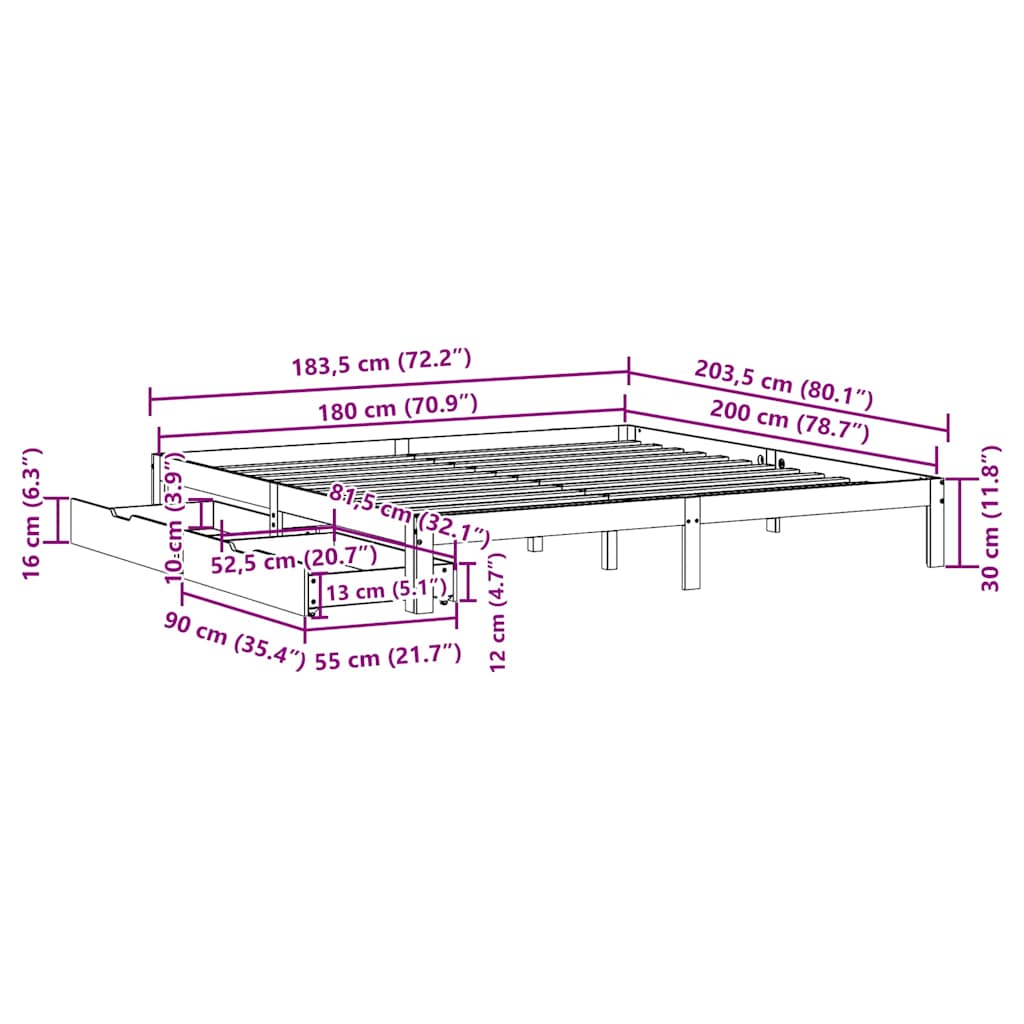 Giroletto con Cassetti 180x200 cm in Legno Massello di Pino | homemem39