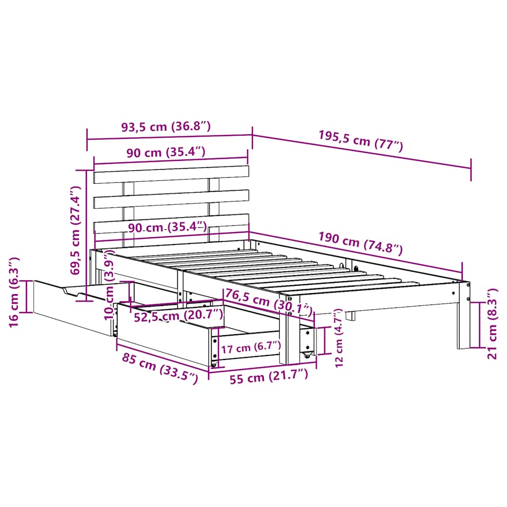 Giroletto con Cassetti Bianco 90x190 cm Legno Massello di Pino | homemem39