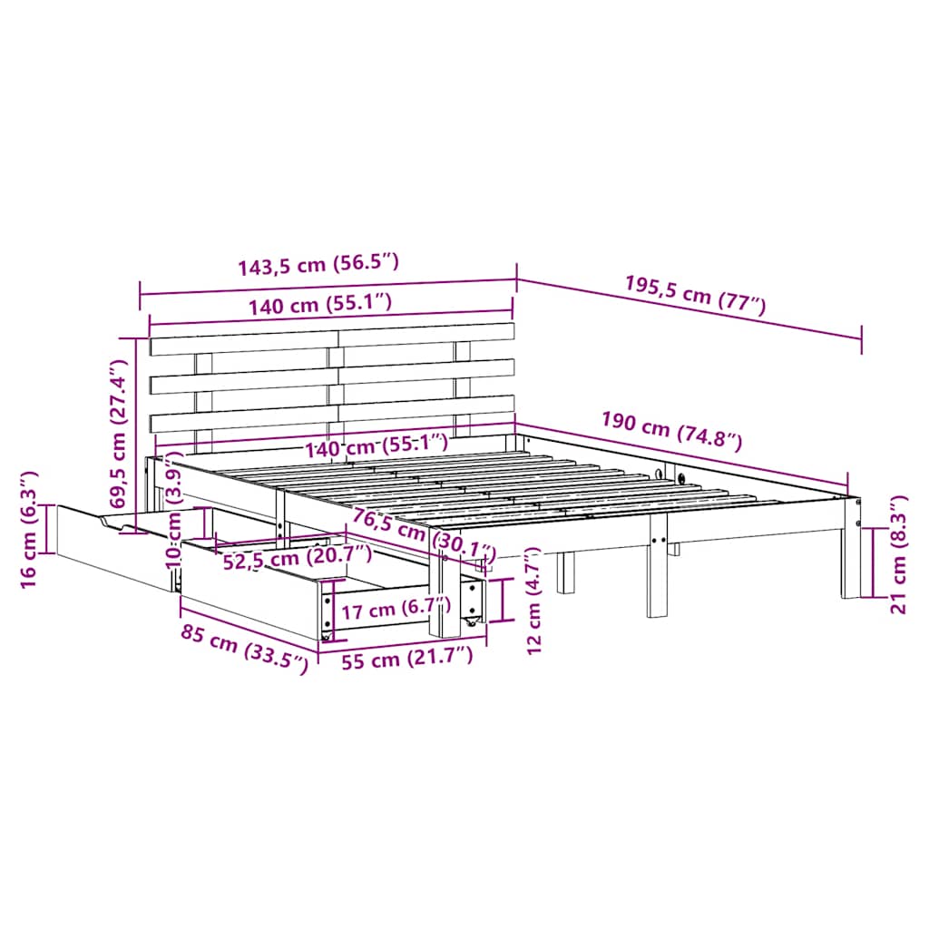 Giroletto con Cassetti Bianco 140x190 cm Legno Massello di Pino | homemem39