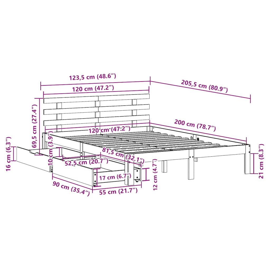 Giroletto con Cassetti 120x200 cm in Legno Massello di Pino | homemem39